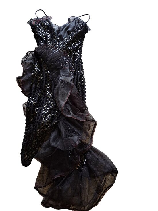 Karen Okada Dresses & Skirts - Vintage Karen Okada Climax Black Sequin Tulle Dress Size S 5/6 USA Asymmetrical